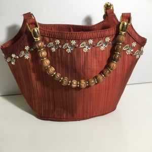 Talbots Silk Handbag with Beaded Wooden Handle